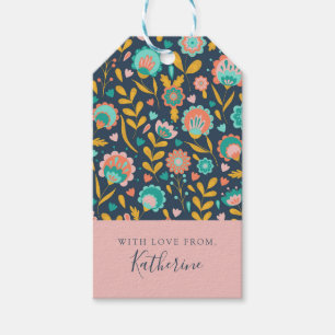 Etiqueta Para Presente Adicione seu nome   Padrão de Flor de Arte Folclór