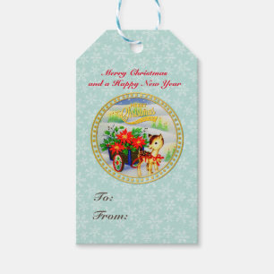 Etiqueta Para Presente Adorável Carrinho de Flores e Rena de Natal Vintag