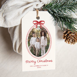 Etiqueta Para Presente Adorno de Natal Vintage Vermelho com Foto em Creme