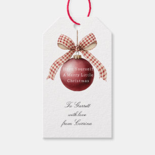 Etiqueta Para Presente Adorno Redondo de Natal com Laço Creme Vermelho