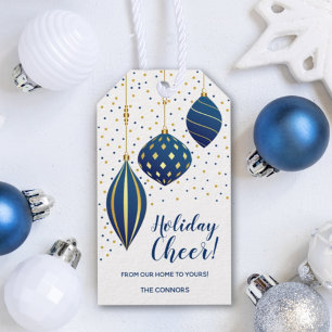 Etiqueta Para Presente Adornos de Natal em Dourado Azul e Pontos Férias