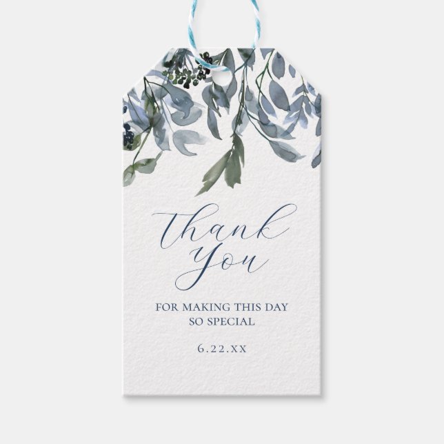 Etiqueta Para Presente Agradecimento Datado em Script Floral Azul Aquarel (Frente)