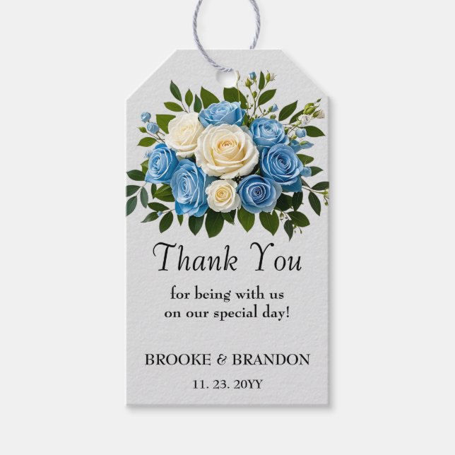 Etiqueta Para Presente Agradecimento Floral Azul e Branco Personalizado (Frente)