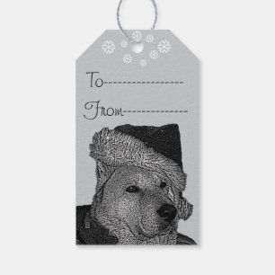Etiqueta Para Presente Akita bonito no cão vermelho do Natal do chapéu