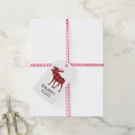 Etiqueta Para Presente Alce de Natal Xadrez Vermelho Padrão Tartan