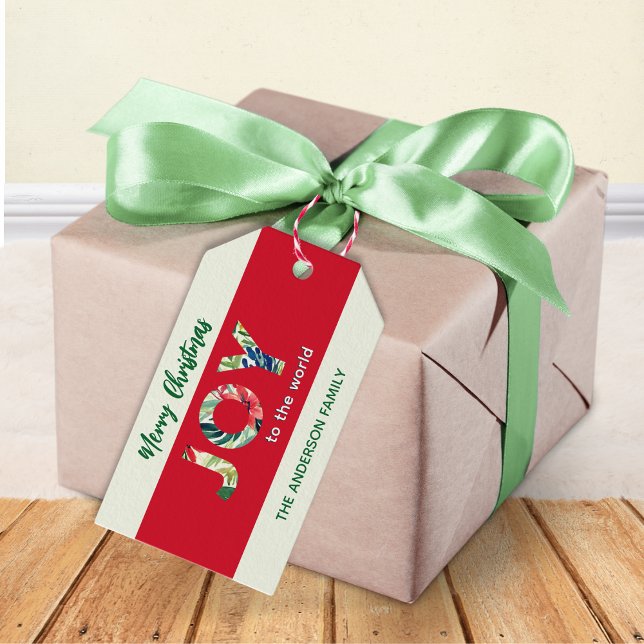 Etiqueta Para Presente Alegria Vermelha Moderna ao Mundo Feliz Natal (A custom gift tag with 'Joy to the world' and 'Merry Christmas' on red and light pistachio green)