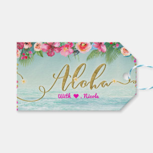 Etiqueta Para Presente ALOHA Gold Tropical Praia de Hibisco Floral Favor