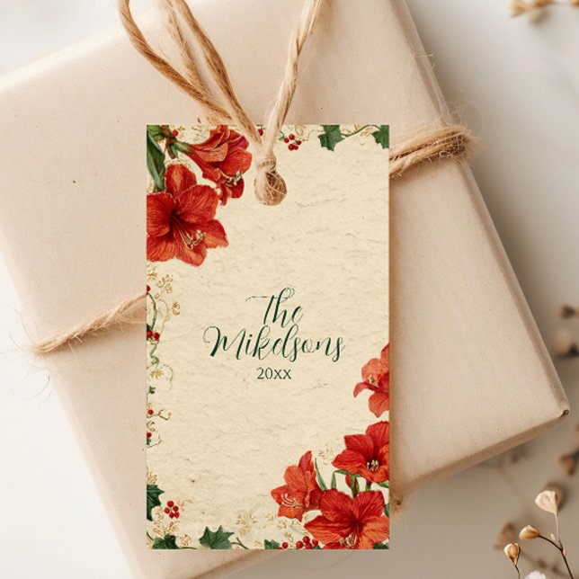 Etiqueta Para Presente Amaryllis Vermelho Rústico de Natal (Criador carregado)