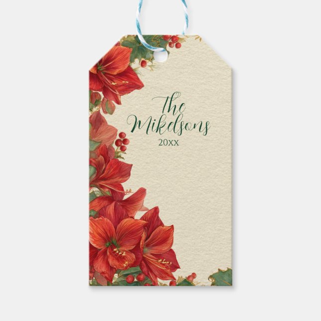 Etiqueta Para Presente Amaryllis Vermelho Rústico Natal (Frente)