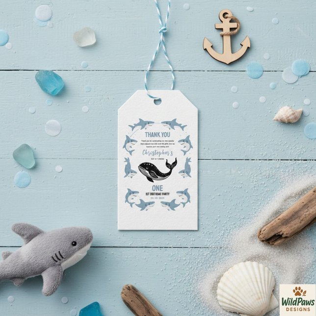 Etiqueta Para Presente Animais Marinhos Tubarão 1º Aniversário | Debaixo  (Sea Animals Shark 1st Birthday | Under the Sea Gift Tags
)