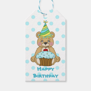 Etiqueta Para Presente Aniversário azul bonito do urso de Polkadot
