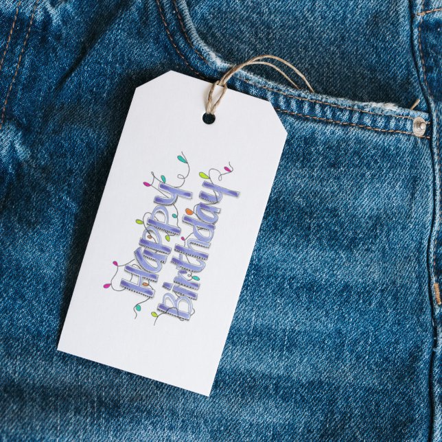 Etiqueta Para Presente Aniversário Azul com Mão-Escrita (Happy Birthday Dusty Blue Lettering Gift Tag)