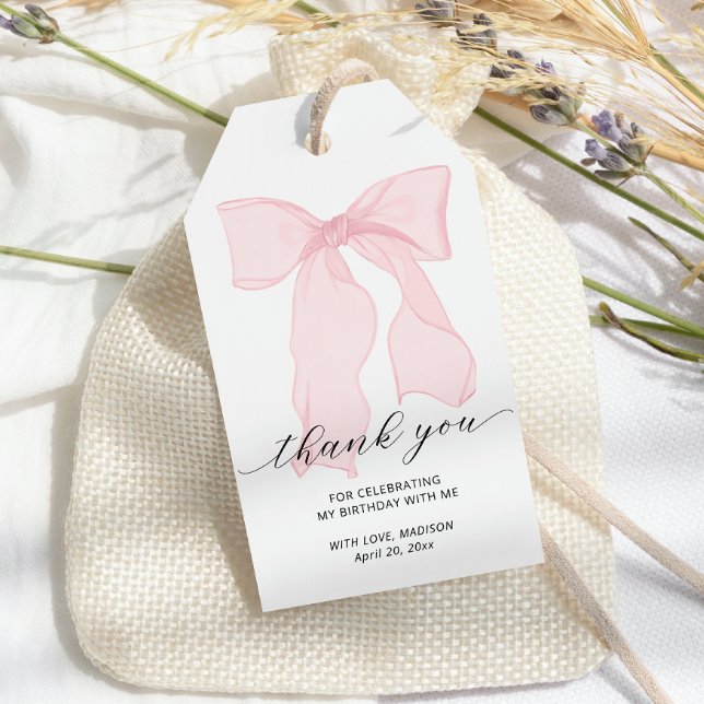 Etiqueta Para Presente Aniversário com Laço Rosa Elegante (Criador carregado)