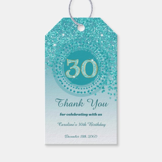 Etiqueta Para Presente Aniversário de 30 anos Moderno com Brilho Azul Tea (Frente)