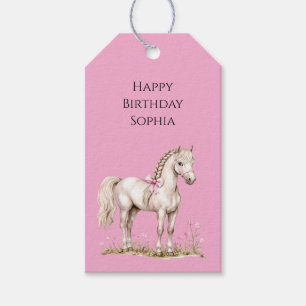Etiqueta Para Presente Aniversário de Garota Branca de Cavalo Flores Rosa