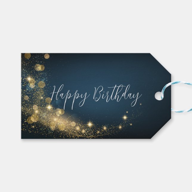 Etiqueta Para Presente Aniversário de ouro, meia noite azul cintilante (Frente (horizontal))