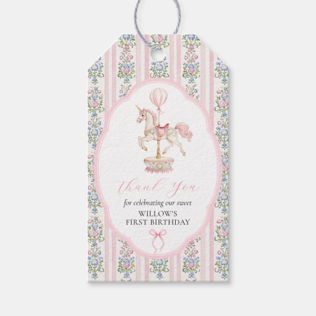 Etiqueta Para Presente Aniversário de Um Ano Carousel Rosa (Frente)