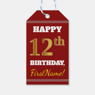 Etiqueta Para Presente Aniversário do 12 Vermelho, Faux Dourado + Nome P
