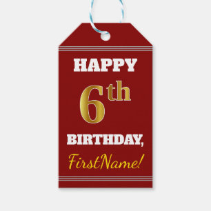 Etiqueta Para Presente Aniversário do 6 Vermelho, Faux Dourado + Nome Pe