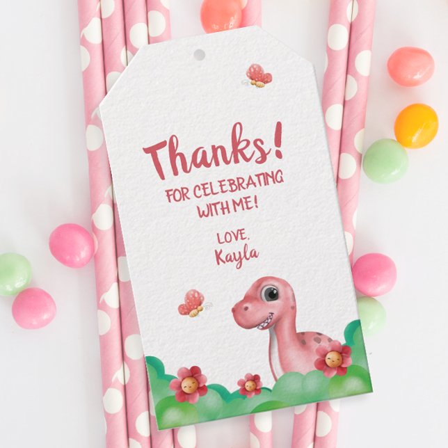Etiqueta Para Presente Aniversário do Dinossauro da Menina Obrigado (Personalized Girl's Dinosaur Birthday Party Favor Tag)