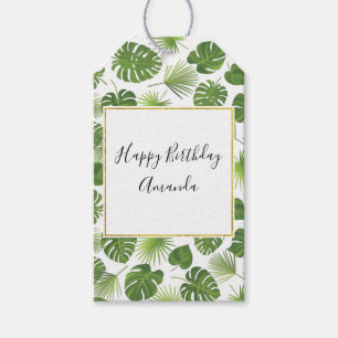 Etiqueta Para Presente Aniversário do Padrão de Folhas Tropicais na mod
