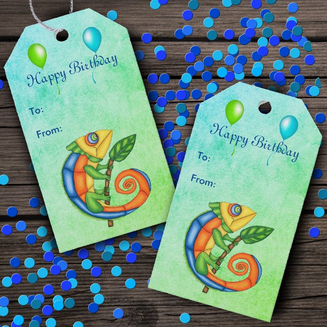 Etiqueta Para Presente Aniversário Festivo Lizard Balões Azul Verde (Vibrantly coloured lizards sticks with leafs and festive balloons on blue green birthday gift tags.)