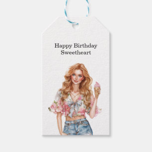 Etiqueta Para Presente Aniversário Menina Cabelo Ruivo Floral Rosa Azul