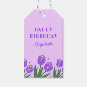 Etiqueta Para Presente Aniversário Roxo Floral Tulipa Retro Elegante