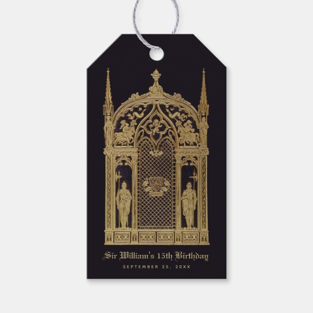 Etiqueta Para Presente Aniversário Temático Medieval Preto Dourado Cavale (Frente)