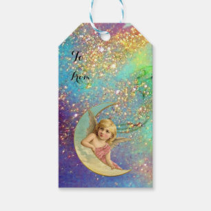 ETIQUETA PARA PRESENTE ANJO DA LUA EM SPARKLES DOURADOS AZUIS DO AMARELO