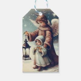 Etiqueta Para Presente Anjo de Natal Vintage, Criança e Pássaros