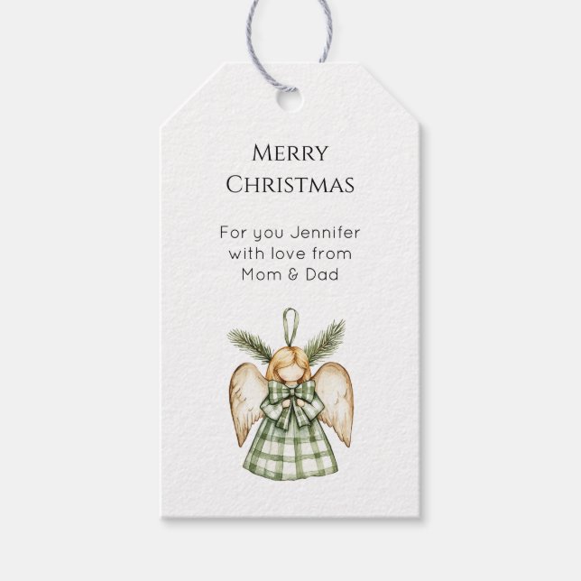 Etiqueta Para Presente Anjo de Natal Xadrez Verde de Pinheiro  (Frente)