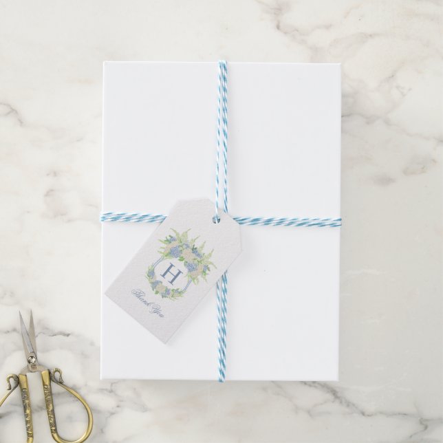 Etiqueta Para Presente Aquarela Azul e Branco Hydrangea Crest (Com cordão)