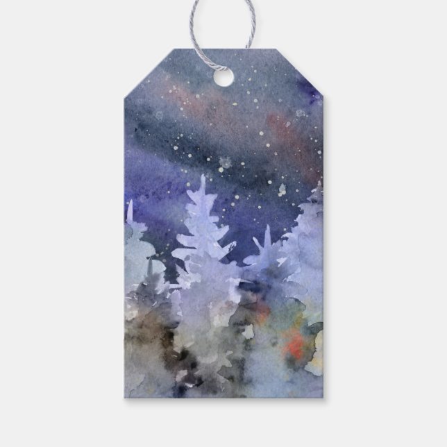 Etiqueta Para Presente Aquarela Céu Estrelado, Floresta de Inverno (Frente)