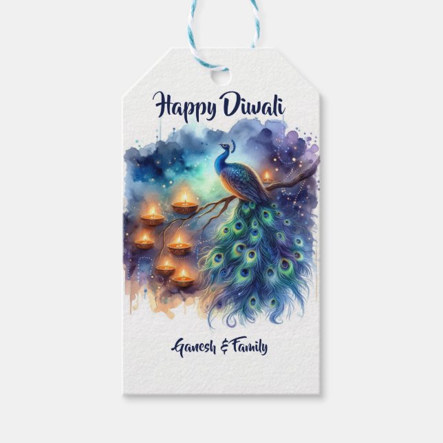 Etiqueta Para Presente Aquarela Elegante Peacock Diwali (Frente)