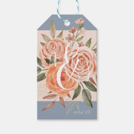 Etiqueta Para Presente Aquarela Floral Rosas Pêssego Azul Desbotado Rosa