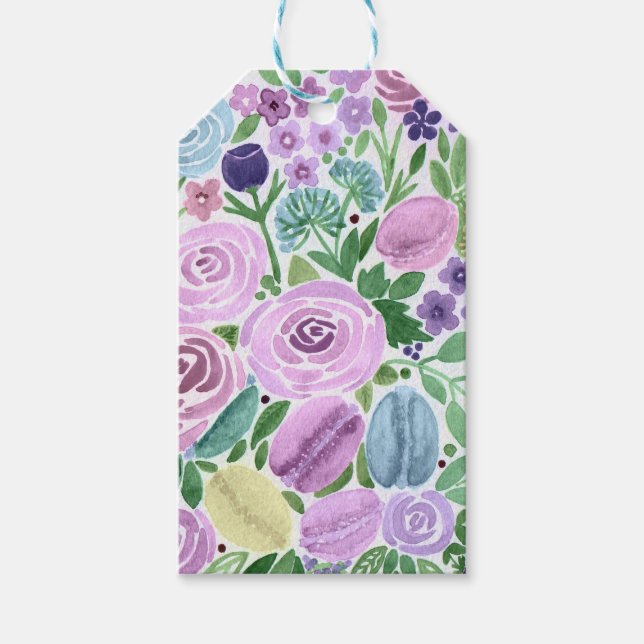 Etiqueta Para Presente Aquarela, flores e macarões (Frente)
