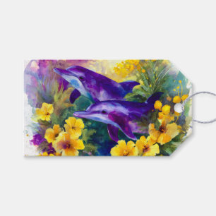 Etiqueta Para Presente Aquarela Golfinhos Flores Tropicais Oceano