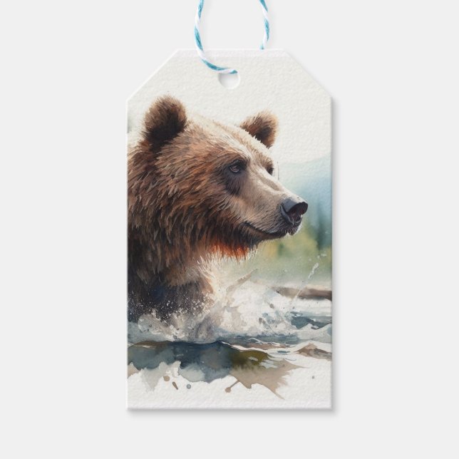 Etiqueta Para Presente Aquarela Grizzly Bear Natureza (Frente)