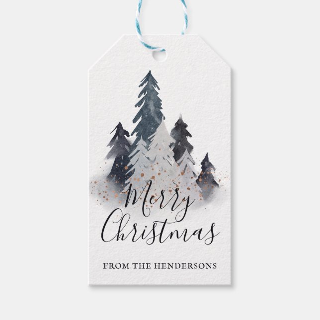 Etiqueta Para Presente Aquarela inverno Árvore Natal (Frente)