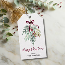 Aquarela Natal Verde Folhagem Fita Burgundy