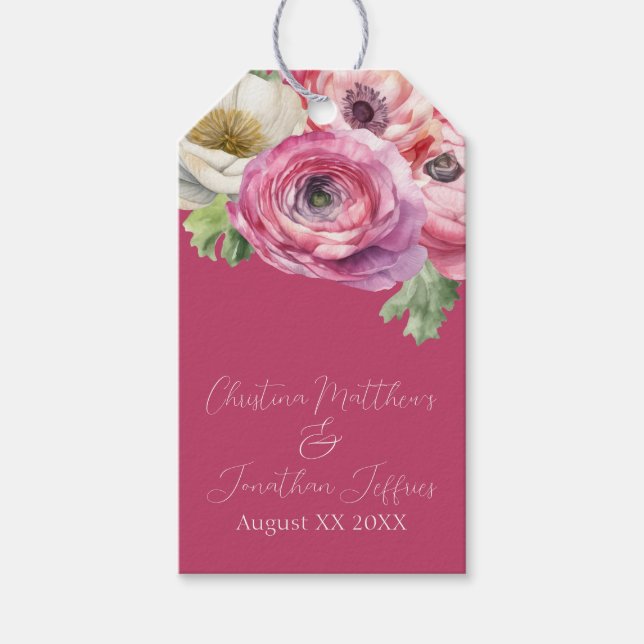 Etiqueta Para Presente Aquarela Romântica Ranunculus Rosa sobre Bege (Frente)