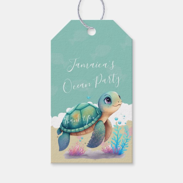 Etiqueta Para Presente Aquarela Turtle Ocean Beach Aniversário Obrigado (Frente)