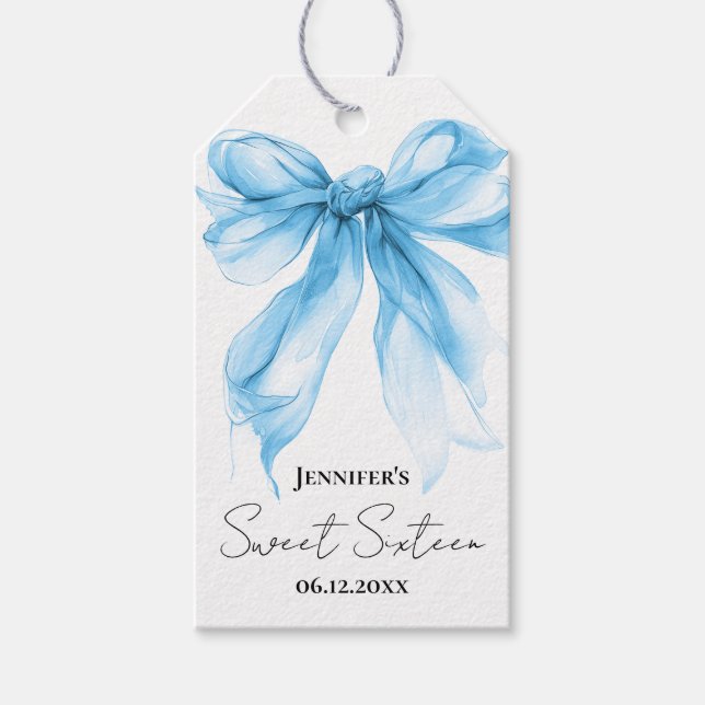 Etiqueta Para Presente Arco Azul Coquette Script Agradecimento Sweet 16  (Frente)