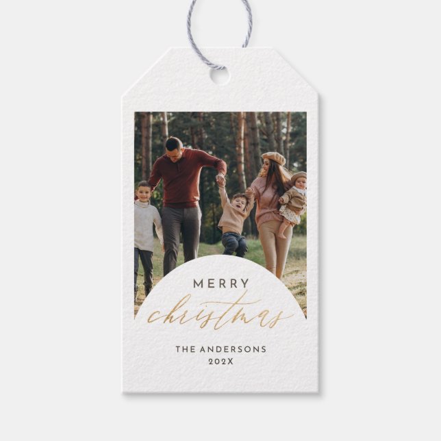 Etiqueta Para Presente Arco de Fotografias Moderno - Dourado Script Feliz (Frente)