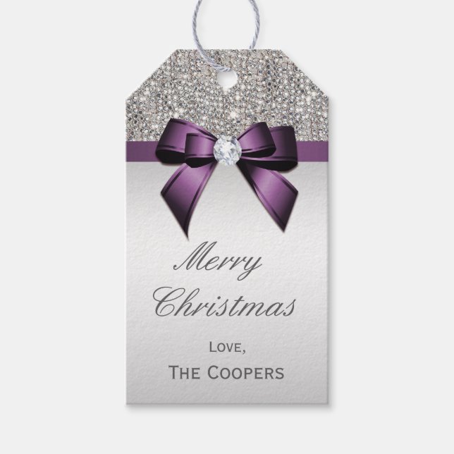 Etiqueta Para Presente Arco Violet Diamond Sequins de Prata Natal (Frente)