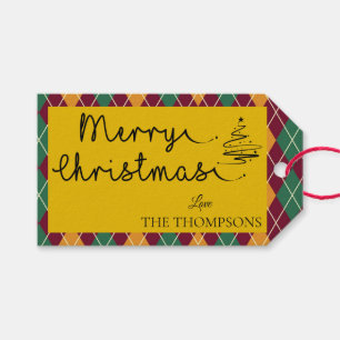 Etiqueta Para Presente Argyle Amarelo Laranja Verde Script Feliz Natal