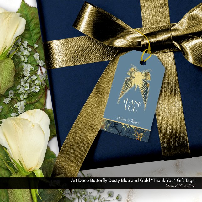 Etiqueta Para Presente Art Deco Borboleta Azul Dourado "Obrigado" (Art Deco Butterfly Dusty Blue and Gold "Thank You" Tags)