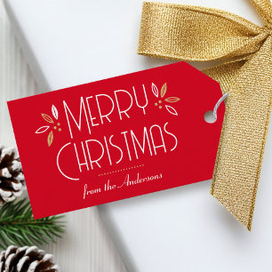 Etiqueta Para Presente Art Deco Natal Elegante Tipografia Vermelha Dourad