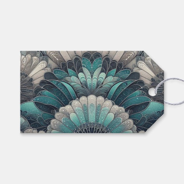 Etiqueta Para Presente Art Nouveau Ventiladores Azuis e Prateados (Frente (horizontal))